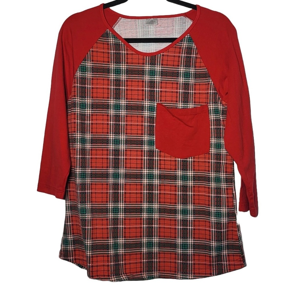 Womens Red Green Plaid Ruffle Sleeve Blouse Size 9/12 (Large) Holiday Christmas